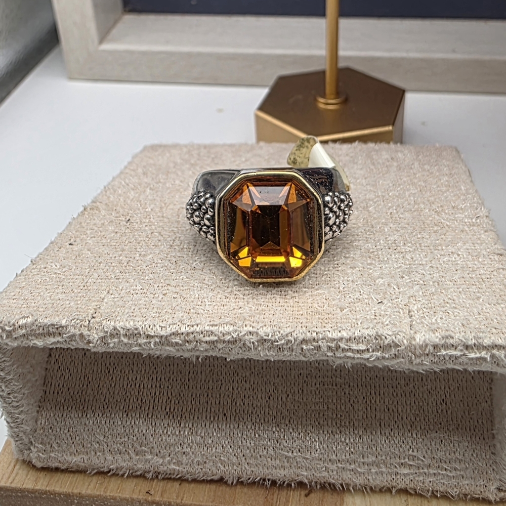 Elegant Gold and Silver Ring with Amber Stone (411)